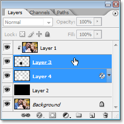 Selecting Layer 3 and Layer 4 in the Layers palette.