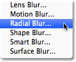 Selecting the Radial Blur filter in Photoshop.