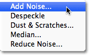 Selecting the Add Noise filter in Photoshop.