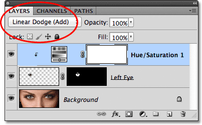 Changing the blend mode of the adjustment layer to Linear Dodge.