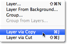 Choosing the New Layer via Copy command in Photoshop.