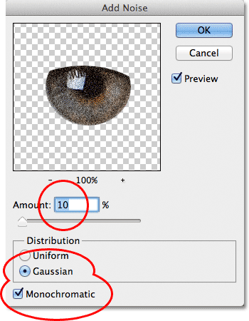 The Add Noise filter's dialog box in Photoshop.