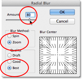 The Radial Blur filter's dialog box in Photoshop.