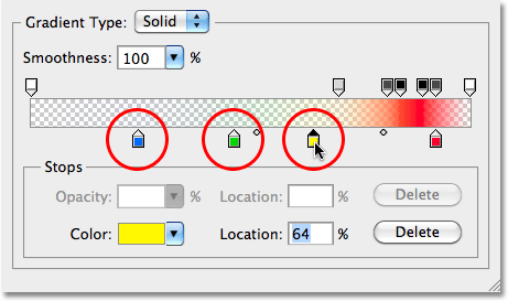 Dragging the blue, green and yellow color stops over to the left. Image © 2010 Photoshop Essentials.com