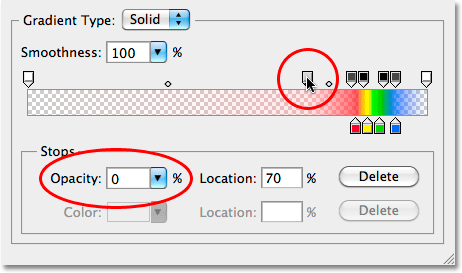 Changing the opacity value in part of the gradient. 