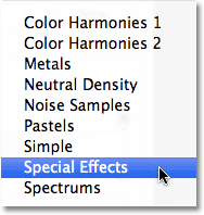 Selecting the Special Effects gradients in Photoshop. .