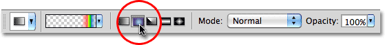 Selecting the Radial Gradient option in the Options Bar. Image © 2010 Photoshop Essentials.com