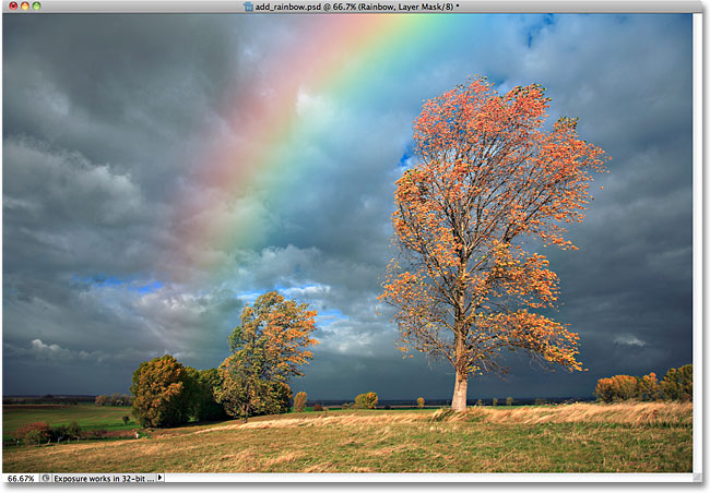 The rainbow after dragging a black-to-white vertical gradient on the layer mask.