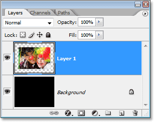 Adobe Photoshop tutorial image: Photoshop's Layers palette showing the photo on 'Layer 1' above the Background layer.