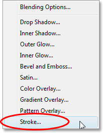 Adobe Photoshop tutorial image: Selecting the 'Stroke' layer style.