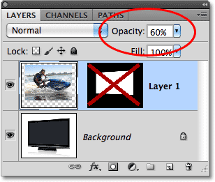 The layer opacity option in the Layers panel in Photoshop.