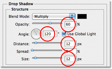 The Drop Shadow options in the Layer Style dialog box.