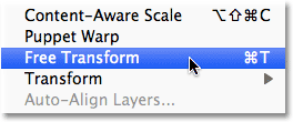 Selecting the Free Transform command in Photoshop.