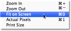 Selecting the Fit on Screen command in Photoshop.