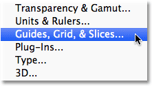 Selecting the Guides, Grid & Slices preferences in Photoshop.