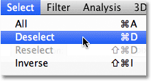 Choosing Deselect from the Select menu in Photoshop.