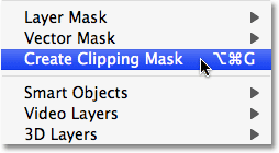 välja alternativet Skapa klippmask i Photoshop. Bild 2008 Photoshop Essentials.com.