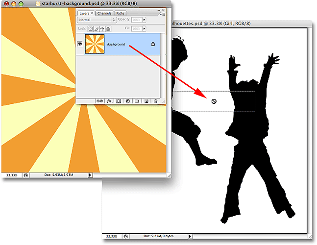 Dragging the background image into the Silhouettes document. Image © 2008 Photoshop Essentials.com.