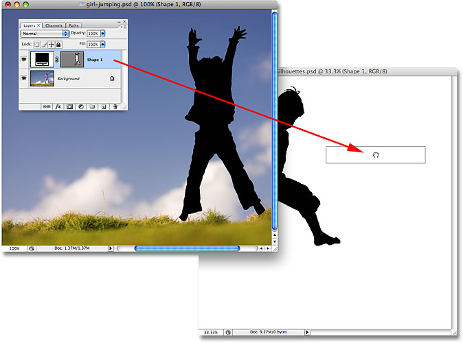 Dragging the second shape layer into the main Silhouettes document. Image licensed from iStockphoto.com by Photoshop Essentials.com.