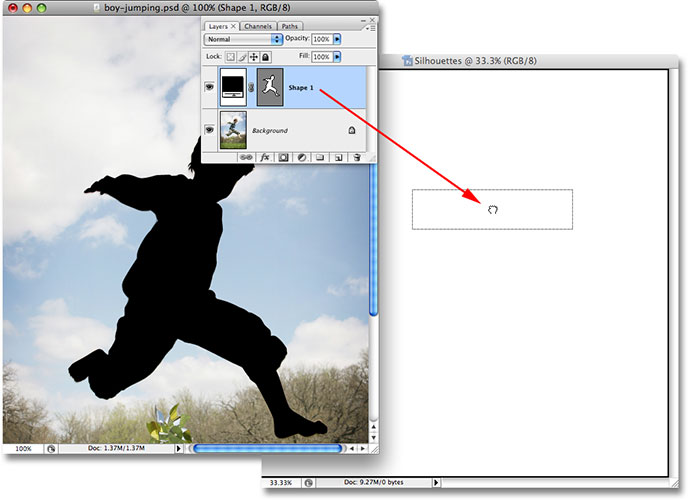 Dragging the shape layer from the original image into the new document. Image © 2008 Photoshop Essentials.com.