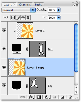 Kopia warstwy 1 pojawia się teraz między dwiema warstwami kształtu w palecie warstw. Image © 2008 Photoshop Essentials.com.