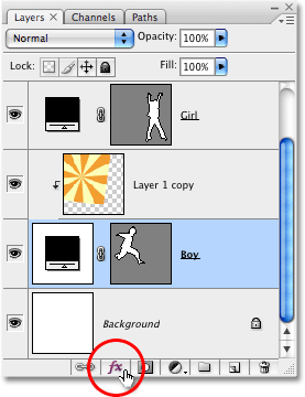 het pictogram laagstijlen onder in het lagen palet in Photoshop. Foto © 2008 Photoshop Essentials.com.