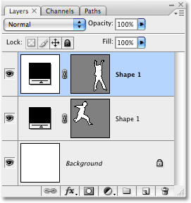 La palette des calques dans Photoshop montrant deux calques de forme au-dessus du calque d'arrière-plan. Image sous licence de .com par Photoshop Essentials.com .