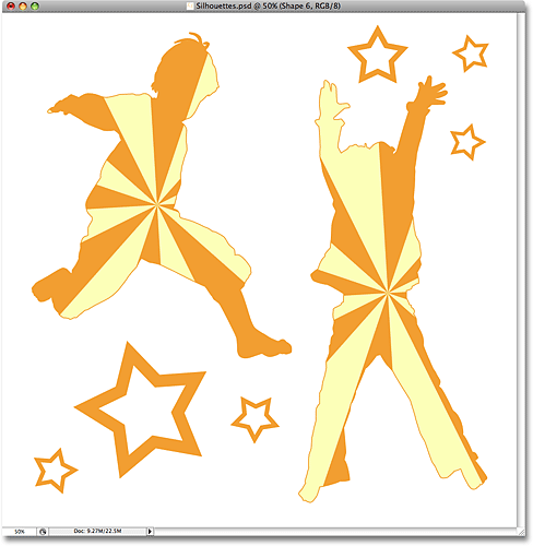 El diseño después de agregar más formas de estrella con la herramienta Forma personalizada. Imagen © 2008 Photoshop Essentials.com.