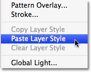 Pasting the layer style. Image © 2008 Photoshop Essentials.com.