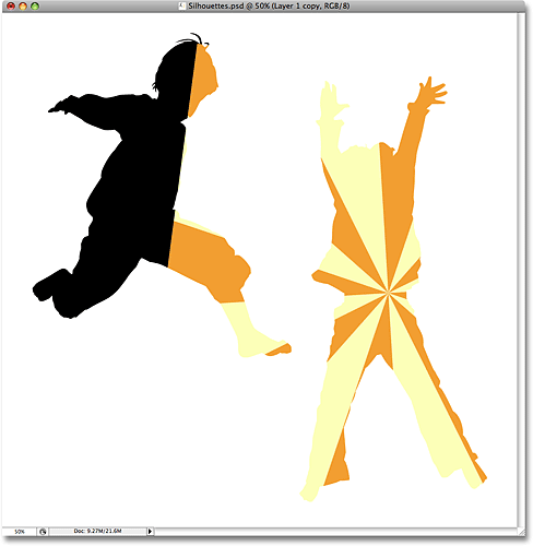 The background image is now clipped to the second silhouette. Image © 2008 Photoshop Essentials.com.