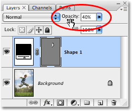 Lowering the opacity of the shape layer in the Layers palette in Photoshop. Image © 2008 Photoshop Essentials.com.