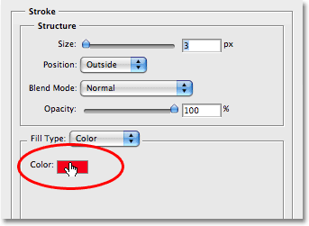 Clicking on the color swatch in the Stroke options. Image © 2008 Photoshop Essentials.com.