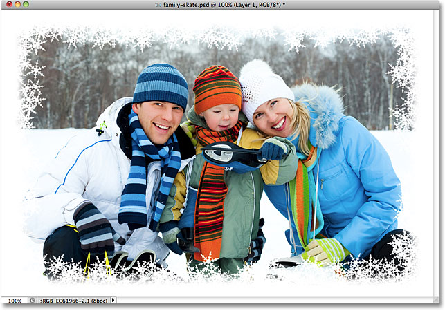 A snowflakes photo border created in Photoshop.