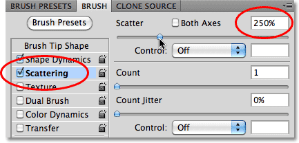 The Scattering options in the Brushes panel in Photoshop.