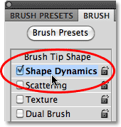 Selecting the Shape Dynamics options in the Brushes panel in Photoshop.