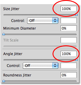 Setting the Size Jitter and Angle Jitter options in the Brushes panel.