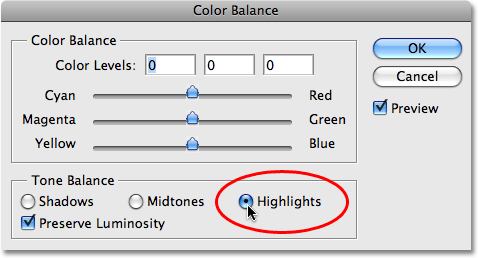 The Color Balance dialog box in Photoshop.