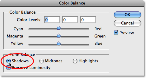 The 'Shadows' option in the Color Balance dialog box.