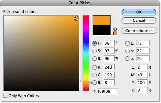 Choosing a new color for the starburst effect in the Color Picker in Photoshop. Image © 2008 Photoshop Essentials.com.