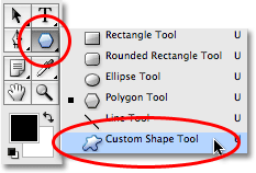 Selecting the Custom Shape Tool from the Tools palette in Photoshop. Image © 2008 Photoshop Essentials.com.