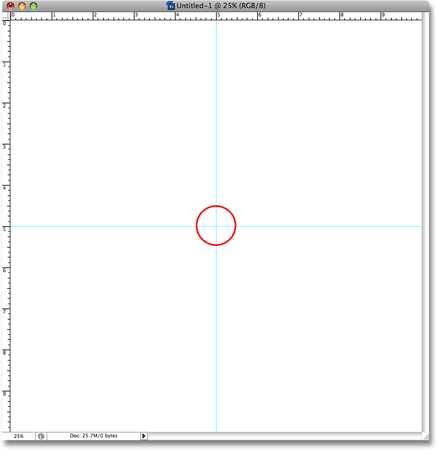 A vertical and horizontal guide mark the center of the image in Photoshop. Image © 2008 Photoshop Essentials.com.
