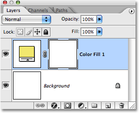 The Layers palette in Photoshop showing the newly added Solid Color fill layer. Image © 2008 Photoshop Essentials.com.