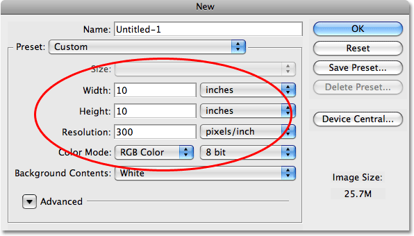 The 'New' dialog box in Photoshop. Image © 2008 Photoshop Essentials.com.