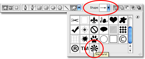 Select your custom shape from the Options Bar. Image © 2008 Photoshop Essentials.com.