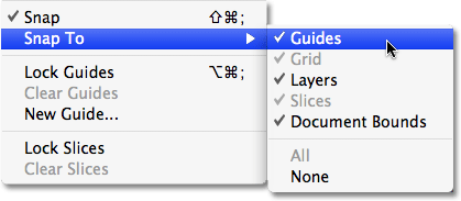 Make sure the 'Snap To Guides' option is enabled. Image © 2008 Photoshop Essentials.com.