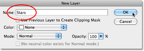 The New Layer dialog box in Photoshop.