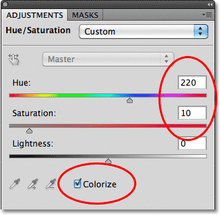 The Hue/Saturation options in Photoshop.