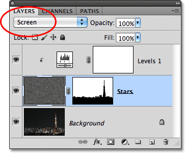 Changing the blend mode of the Stars layer to Screen.