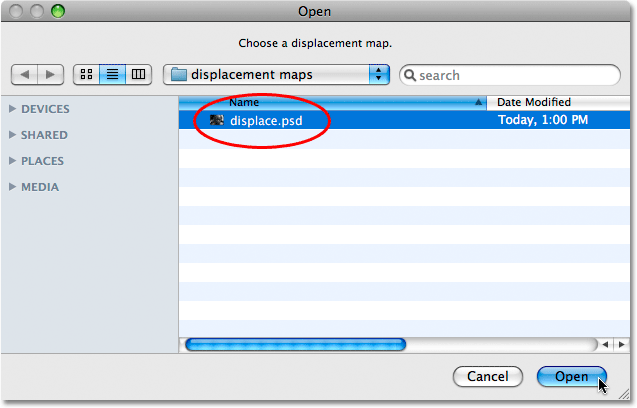 Selecting a displacement map in Photoshop.