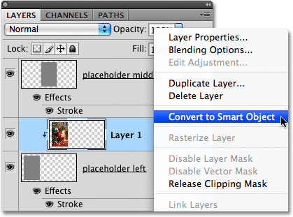 Selecting the Convert to Smart Object option in the Layers panel.